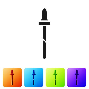 Siyah Pipette simgesi beyaz arkaplanda izole edildi. Tıbbi, kozmetik, kimya laboratuvarı ekipmanları. Renkli kare düğmelerle simgeleri ayarla. Vektör İllüstrasyonu