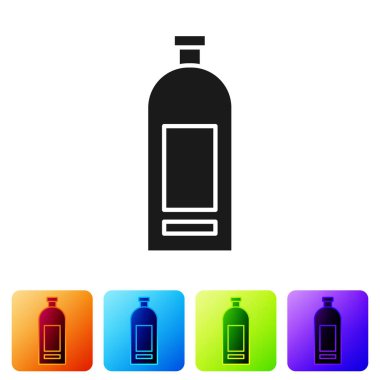 Beyaz arka planda izole edilmiş siyah şampuan ikonu. Renkli kare düğmelerle simgeleri ayarla. Vektör İllüstrasyonu