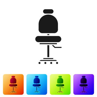 Siyah ofis koltuğu simgesi beyaz arkaplanda izole edildi. Renkli kare düğmelerle simgeleri ayarla. Vektör İllüstrasyonu