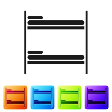 Siyah Bunk yatak ikonu beyaz arkaplanda izole edildi. Renkli kare düğmelerle simgeleri ayarla. Vektör İllüstrasyonu