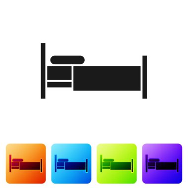 Siyah yatak simgesi beyaz arkaplanda izole edildi. Renkli kare düğmelerle simgeleri ayarla. Vektör İllüstrasyonu