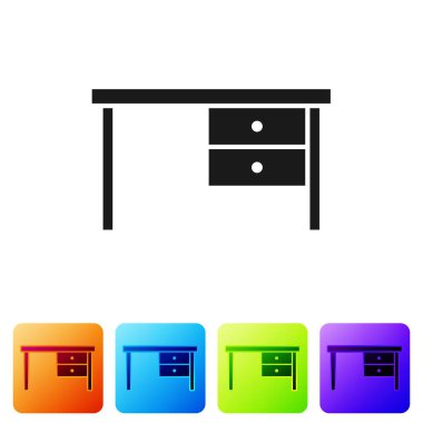 Siyah Ofis masa simgesi beyaz arkaplanda izole edildi. Renkli kare düğmelerle simgeleri ayarla. Vektör İllüstrasyonu