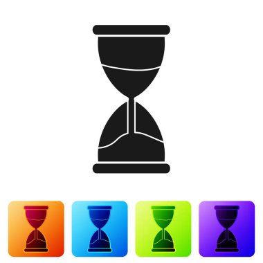 Beyaz arka planda siyah kum ikonu olan eski kum saati. Kum saati işareti. İş ve zaman yönetimi kavramı. Renkli kare düğmelerle simgeleri ayarla. Vektör İllüstrasyonu