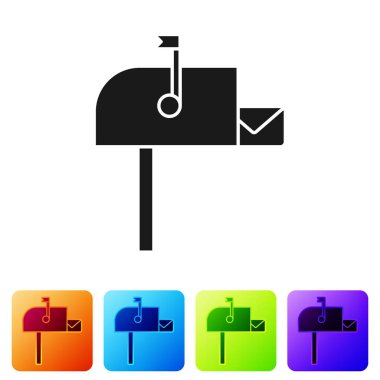 Siyah Açık posta kutusu simgesi beyaz arkaplanda izole edildi. Posta kutusu simgesi. Posta kutusunda bayrak var. Renkli kare düğmelerle simgeleri ayarla. Vektör İllüstrasyonu