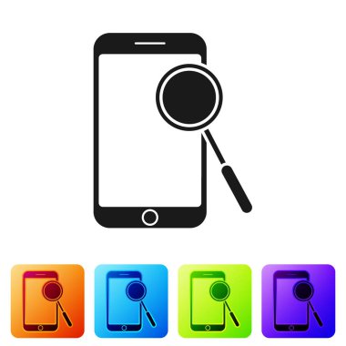 Beyaz arkaplanda siyah cep telefonu tanılama simgesi izole edildi. Uygulama, servis, ayar seçenekleri, bakım, onarım, onarım. Renkli kare düğmelerle simgeleri ayarla. Vektör İllüstrasyonu