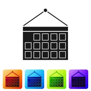 Siyah Takvim simgesi beyaz arkaplanda izole edildi. Olay hatırlatma sembolü. Renkli kare düğmelerle simgeleri ayarla. Vektör İllüstrasyonu