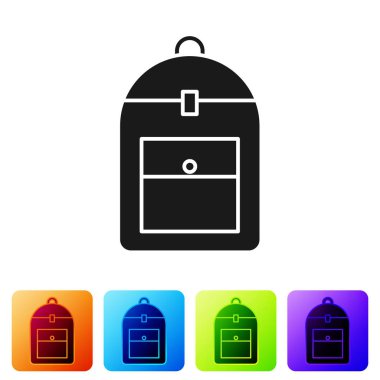 Beyaz arkaplanda siyah sırt çantası simgesi izole edildi. Renkli kare düğmelerle simgeleri ayarla. Vektör İllüstrasyonu