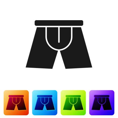 Siyah adam iç çamaşırı simgesi beyaz arka planda izole edilmiş. Erkek iç çamaşırı. Renkli kare düğmelerle simgeleri ayarla. Vektör İllüstrasyonu