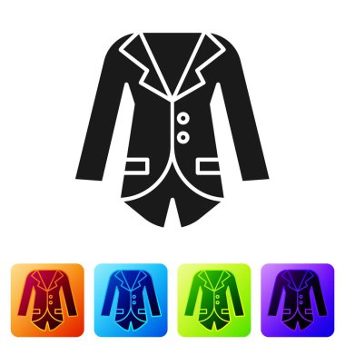 Beyaz arkaplanda siyah Blazer ya da ceket simgesi var. Renkli kare düğmelerle simgeleri ayarla. Vektör İllüstrasyonu