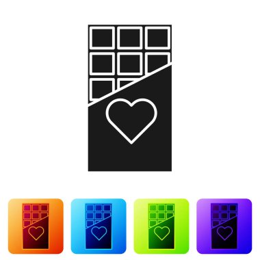 Beyaz arkaplanda siyah çikolata simgesi var. Sevgililer Günü sembolü. Renkli kare düğmelerle simgeleri ayarla. Vektör İllüstrasyonu