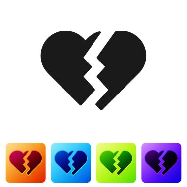 Siyah Kırık Kalp ya da beyaz arka planda izole edilmiş boşanma ikonu. Aşk sembolü. Sevgililer Günü. Renkli kare düğmelerle simgeleri ayarla. Vektör İllüstrasyonu