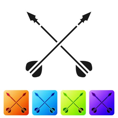 Siyah Ortaçağ çapraz ok simgesi beyaz arka planda izole edilmiş. Ortaçağ silahı. Renkli kare düğmelerle simgeleri ayarla. Vektör İllüstrasyonu