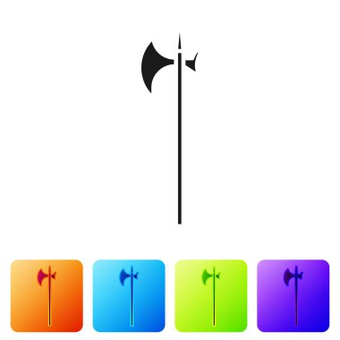 Siyah Ortaçağ Halberd simgesi beyaz arkaplanda izole edildi. Ortaçağ silahı. Renkli kare düğmelerle simgeleri ayarla. Vektör İllüstrasyonu