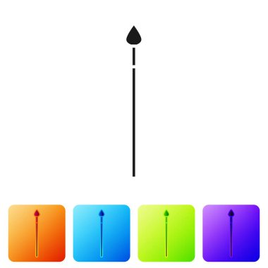 Beyaz arka planda siyah ortaçağ mızrak ikonu izole edildi. Ortaçağ silahı. Renkli kare düğmelerle simgeleri ayarla. Vektör İllüstrasyonu