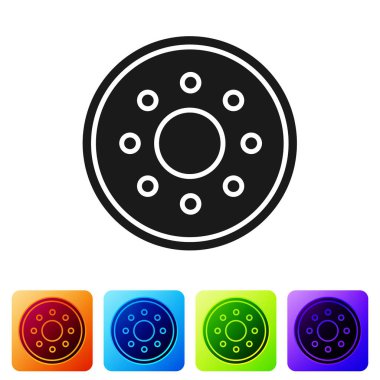 Siyah yuvarlak tahta kalkan ikonu beyaz arkaplanda izole edilmiş. Güvenlik, güvenlik, koruma, mahremiyet, koruma kavramı. Renkli kare düğmelerle simgeleri ayarla. Vektör İllüstrasyonu