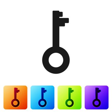 Beyaz arkaplanda siyah eski anahtar simgesi izole edildi. Renkli kare düğmelerle simgeleri ayarla. Vektör İllüstrasyonu