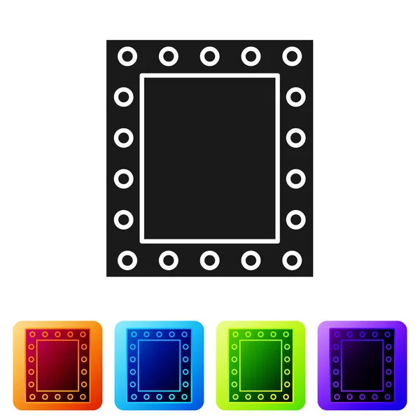 Specchio trucco nero con icona luci isolata su sfondo bianco. Imposta le icone nei pulsanti quadrati a colori. Illustrazione vettoriale — Vettoriale Stock