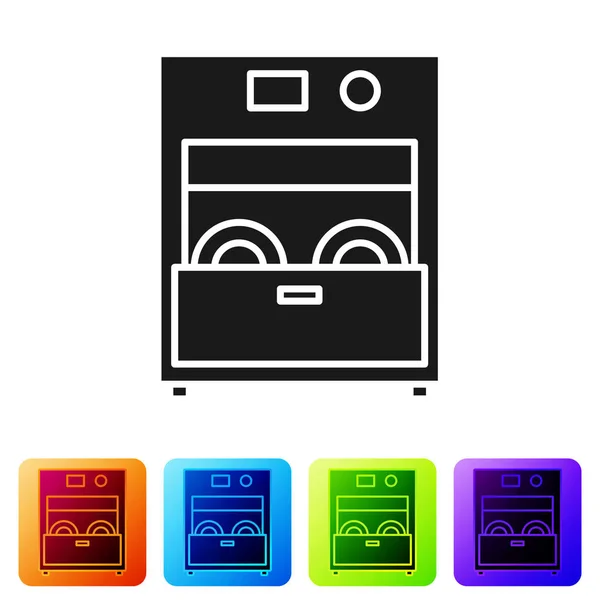 Black Kitchen dishwasher machine icon isolated on white background. Set icons in color square buttons. Vector Illustration — Stock Vector
