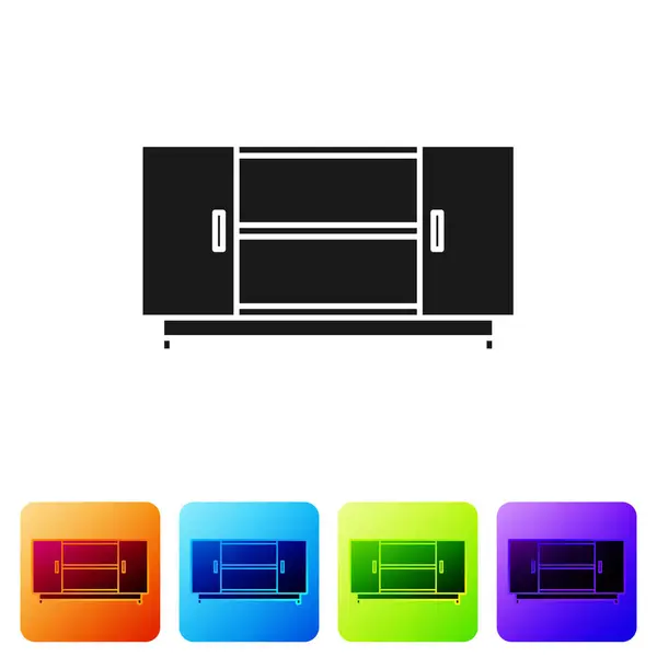 Table TV noire icône stand isolé sur fond blanc. Définir des icônes dans des boutons carrés de couleur. Illustration vectorielle — Image vectorielle