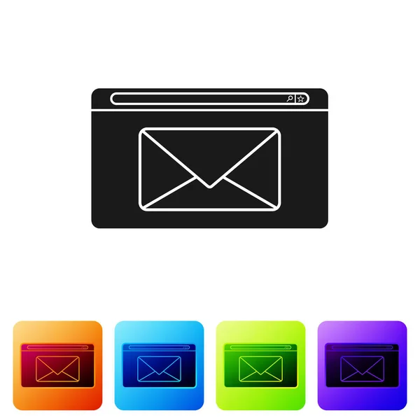 Black Mail and e-mail icon isolated on white background. Envelope symbol e-mail. Email message sign. Set icons in color square buttons. Vector Illustration — 스톡 벡터