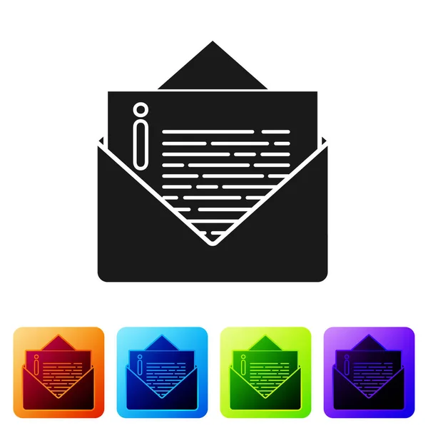 Ícone de envelope preto isolado no fundo branco. Símbolo da letra da mensagem de email. Definir ícones em botões quadrados de cor. Ilustração vetorial — Vetor de Stock