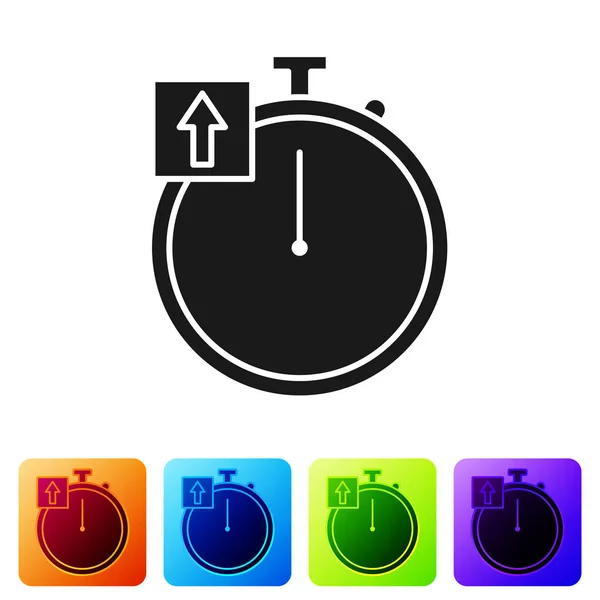 Μαύρο εικονίδιο Stopwatch απομονώνεται σε λευκό φόντο. Χρονόμετρο. Χρονόμετρο. Ορισμός εικονιδίων σε χρωματιστά τετράγωνα κουμπιά. Εικονογράφηση διανύσματος — Διανυσματικό Αρχείο