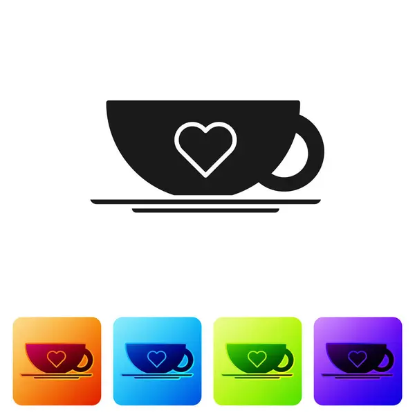 Schwarze Kaffeetasse und Herz-Symbol isoliert auf weißem Hintergrund. Paarkaffee für Verliebte am Valentinstag. Setzen Sie Symbole in farbigen quadratischen Tasten. Vektorillustration — Stockvektor