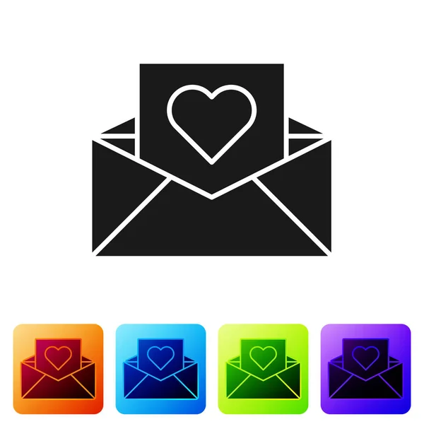 Black Envelope with Valentine heart icon isolated on white background. Message love. Letter love and romance. Set icons in color square buttons. Vector Illustration — 스톡 벡터