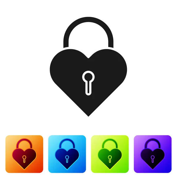 Black Castle in the shape of a heart icon isolated on white background. Locked Heart. Love symbol and keyhole sign. Set icons in color square buttons. Vector Illustration — 스톡 벡터