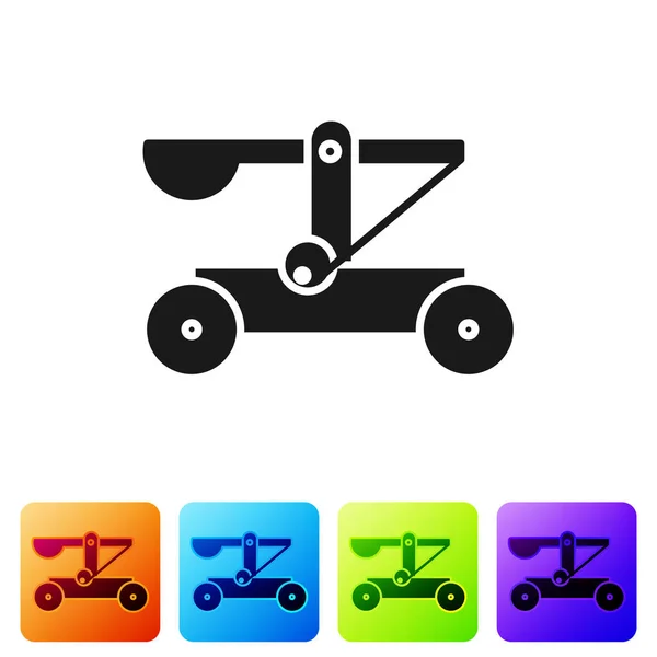 Black Old medieval wooden catapult shooting stones icon isolated on white background. Set icons in color square buttons. Vector Illustration — 스톡 벡터