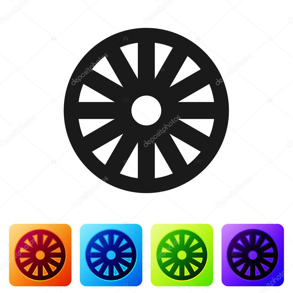 Black Old wooden wheel icon isolated on white background. Set icons in color square buttons. Vector Illustration