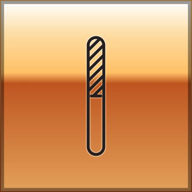 Altın arkaplanda siyah çizgi tırnak dosya simgesi izole edildi. Manikür aleti. Vektör İllüstrasyonu