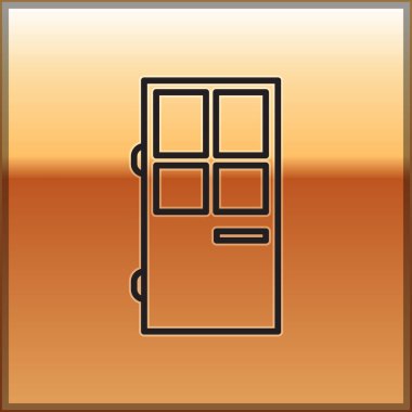 Siyah çizgi kapatılmış kapı simgesi altın arka planda izole edilmiş. Vektör İllüstrasyonu