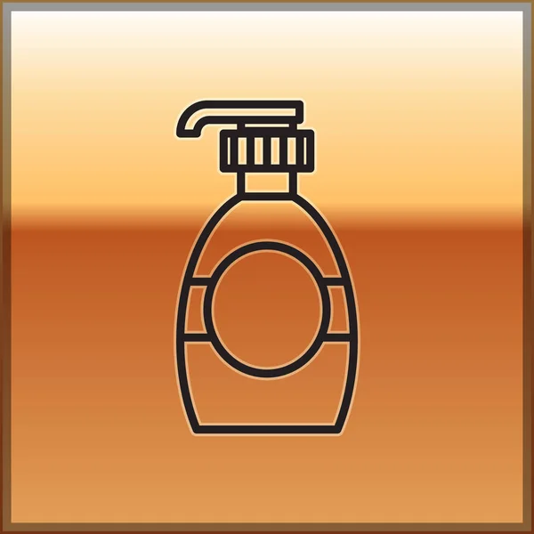 Zwarte lijn Fles vloeibare antibacteriële zeep met dispenser pictogram geïsoleerd op gouden achtergrond. Desinfectie, hygiëne, huidverzorging concept. Vector Illustratie — Stockvector