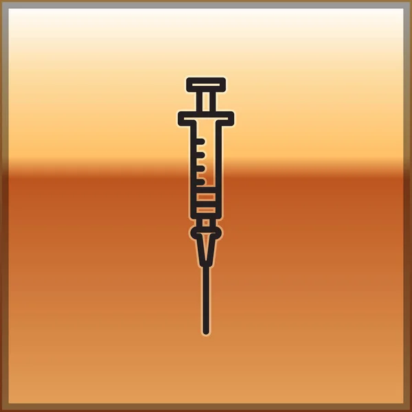 Black line Syringe icon isolated on gold background. Syringe for vaccine, vaccination, injection, flu shot. Medical equipment. Vector Illustration — Stock Vector
