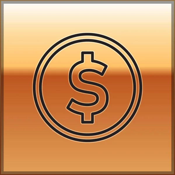 Svart linje Mynt pengar med dollar symbol ikon isolerad på guld bakgrund. Bankväxel. Kontantsymbol. Vektor Illustration — Stock vektor
