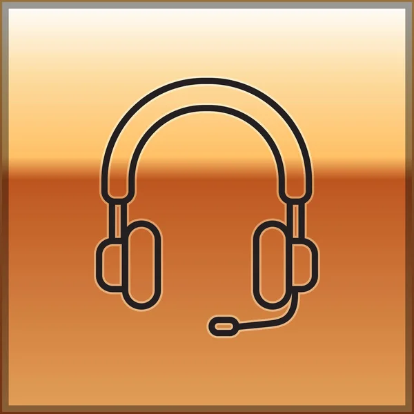 Icono de auriculares de línea negra aislado sobre fondo dorado. Auriculares. Concepto para escuchar música, servicio, comunicación y operador. Ilustración vectorial — Vector de stock