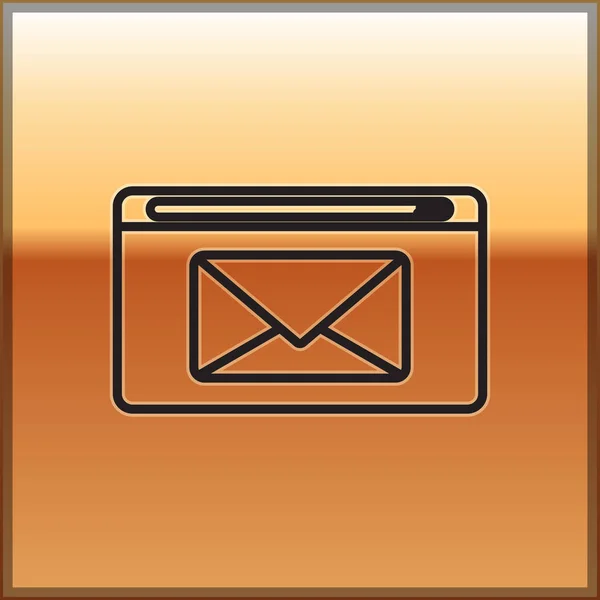 Altın arkaplanda siyah çizgi posta ve e-posta simgesi izole edildi. Zarf sembolü e-postası. E- posta kodu. Vektör İllüstrasyonu — Stok Vektör