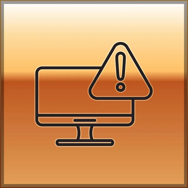 Black line Computer monitor with exclamation mark icon isolated on gold background. Alert message smartphone notification. Vector Illustration — Stock Vector