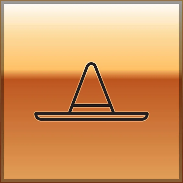 Schwarze Linie Gärtner, Bauer oder Landarbeiter Hut Symbol isoliert auf goldenem Hintergrund. Vektorillustration — Stockvektor