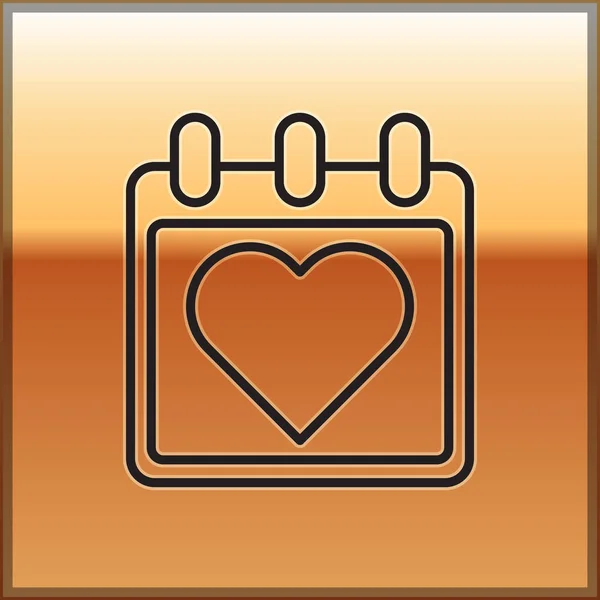 Linha preta Calendário com ícone de coração isolado em fundo dourado. Dia dos Namorados. Símbolo de amor. 14 de Fevereiro. Ilustração vetorial —  Vetores de Stock