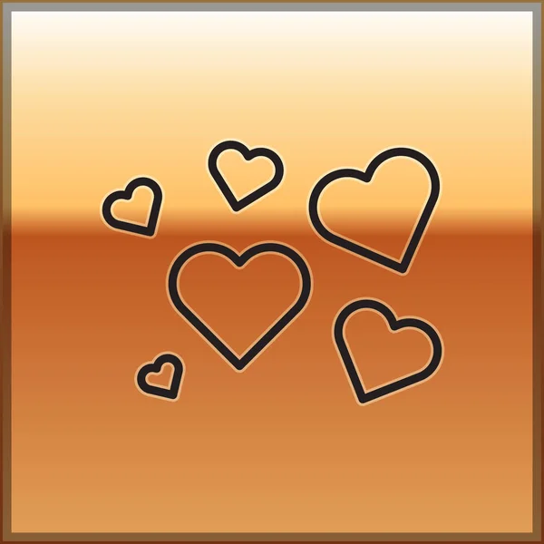 Schwarze Linie Herz-Symbol isoliert auf goldenem Hintergrund. romantisches Symbol verbunden, verbinden, Leidenschaft und Hochzeit. Valentinstag-Symbol. Vektorillustration — Stockvektor
