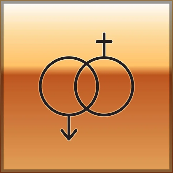 Schwarze Linie Geschlechtssymbol isoliert auf goldenem Hintergrund. Symbole von Männern und Frauen. Sexsymbol. Valentinstag-Konzept. Vektorillustration — Stockvektor