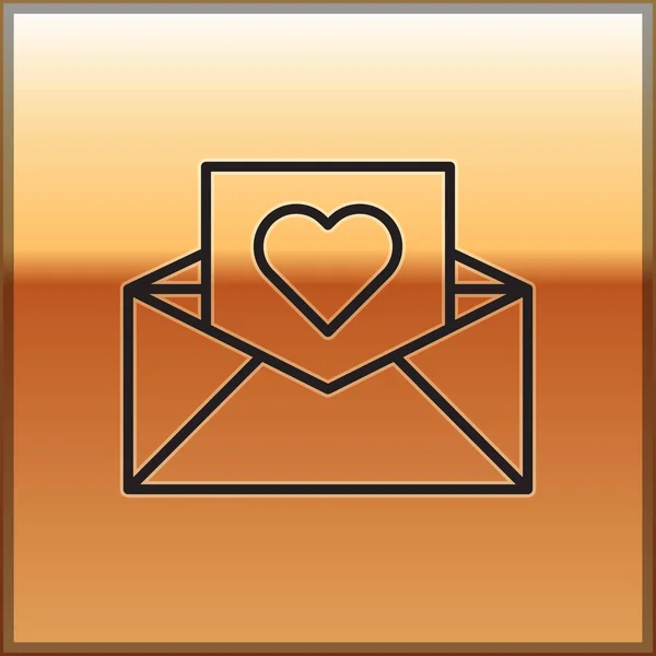 Amplop garis hitam dengan ikon jantung Valentine terisolasi dengan latar belakang emas. Pesan cinta. Surat cinta dan romansa. Ilustrasi Vektor - Stok Vektor