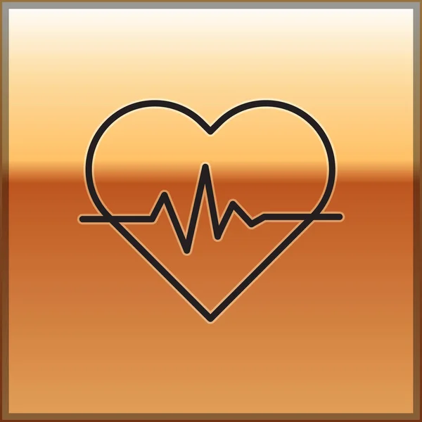 Ligne noire Icône de fréquence cardiaque isolée sur fond or. Signe de battement de coeur. Icône pouls cardiaque. Icône de cardiogramme. Illustration vectorielle — Image vectorielle