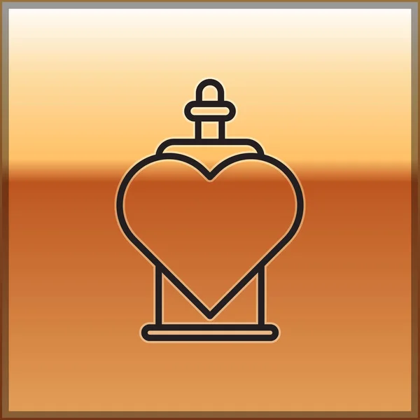 Línea negra Botella con icono de poción de amor aislado sobre fondo dorado. Símbolo de San Valentín. Ilustración vectorial — Vector de stock