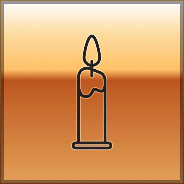Black line Burning candle in candlestick icon isolated on gold background. Cylindrical candle stick with burning flame. Vector Illustration — 스톡 벡터