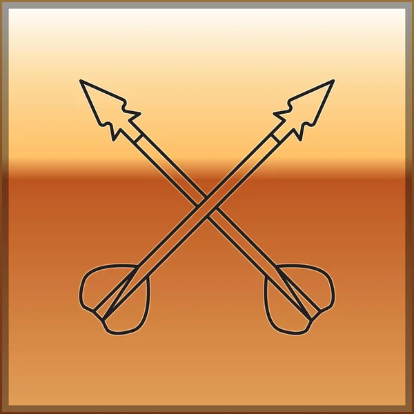 Línea negra Icono de flechas cruzadas medievales aisladas sobre fondo dorado. Arma medieval. Ilustración vectorial — Vector de stock