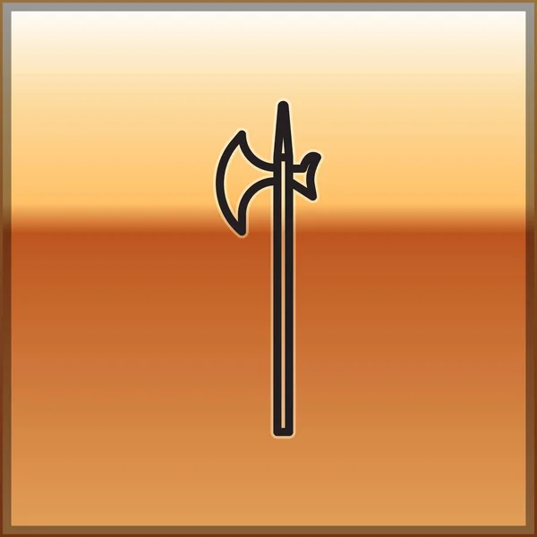 Línea negra Icono medieval de alabarda aislado sobre fondo dorado. Arma medieval. Ilustración vectorial — Vector de stock
