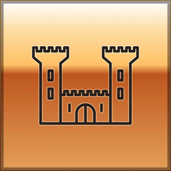 Ícone de Castelo de linha preta isolado em fundo dourado. Sinal da fortaleza. Ilustração vetorial — Vetor de Stock